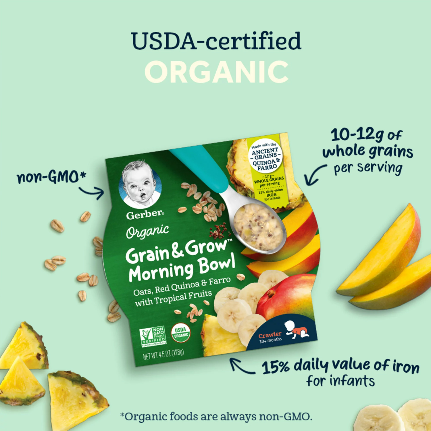 Gerber Organic Grain & Grow Morning Bowl Baby Oatmeal, Tropical Fruits, 4.5 oz Tray - Image 4